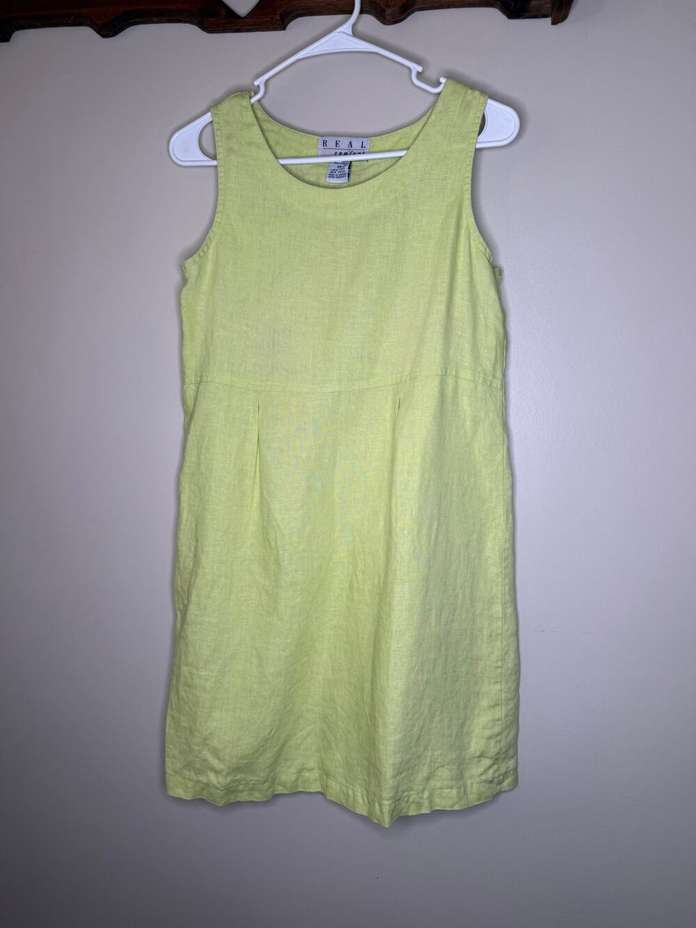 Real Comfort 100% Linen Shift Dress Lime Green Sleeveless Women’s Size 8 Petite